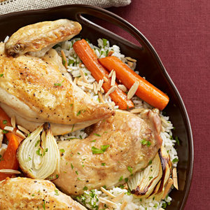 Roast Chicken and Vegetables with Almond Pilaf 