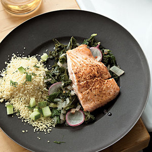 Salmon Fillets with Dill Couscous and Spicy Kale 