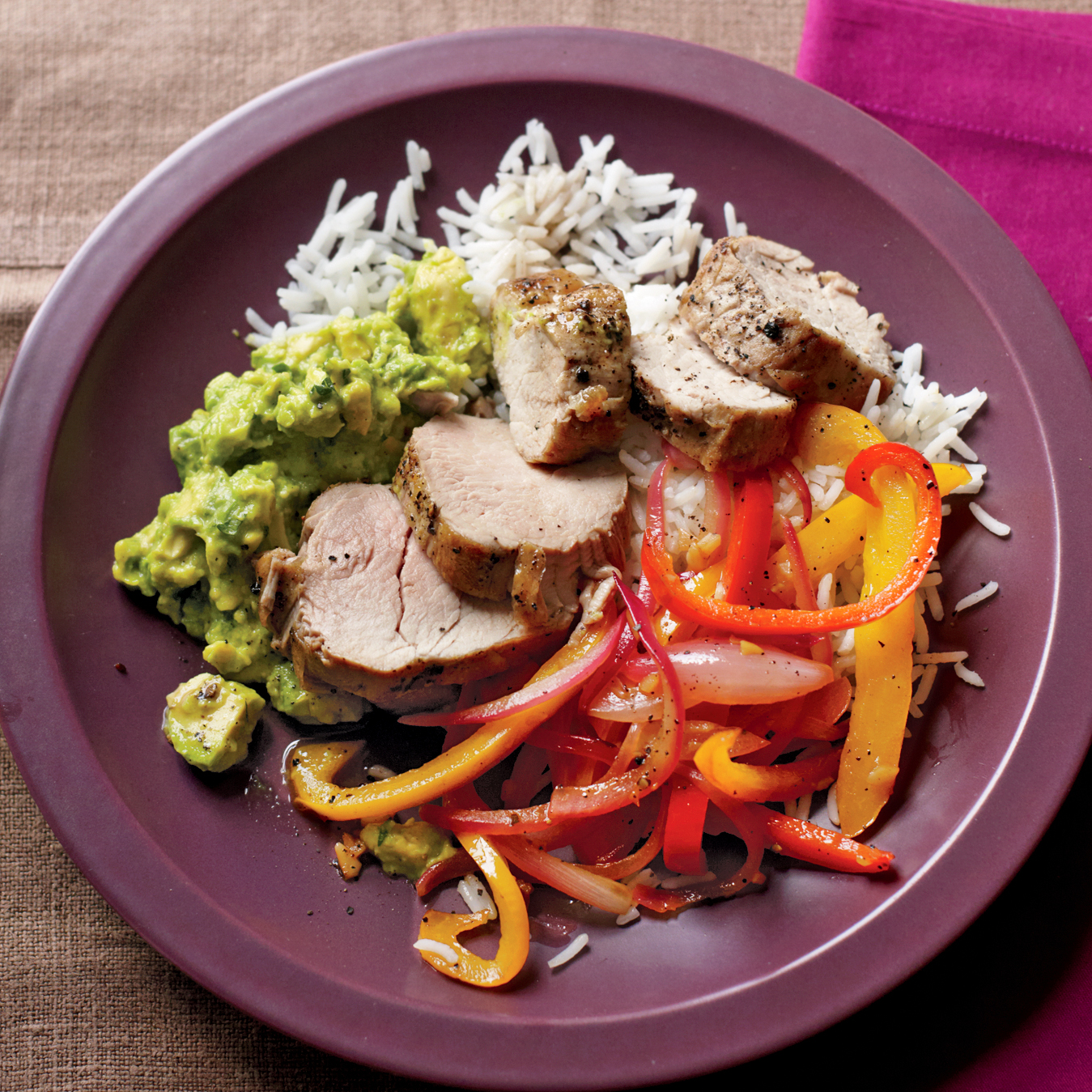 pork tenderloin with bell peppers and avocado mash