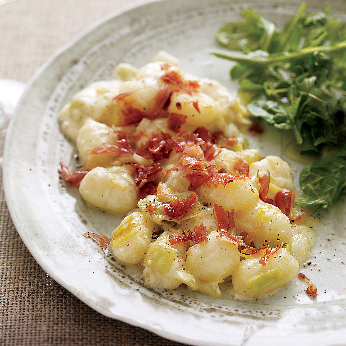 leek-and-gnocchi bake with three cheeses and crispy prosciutto