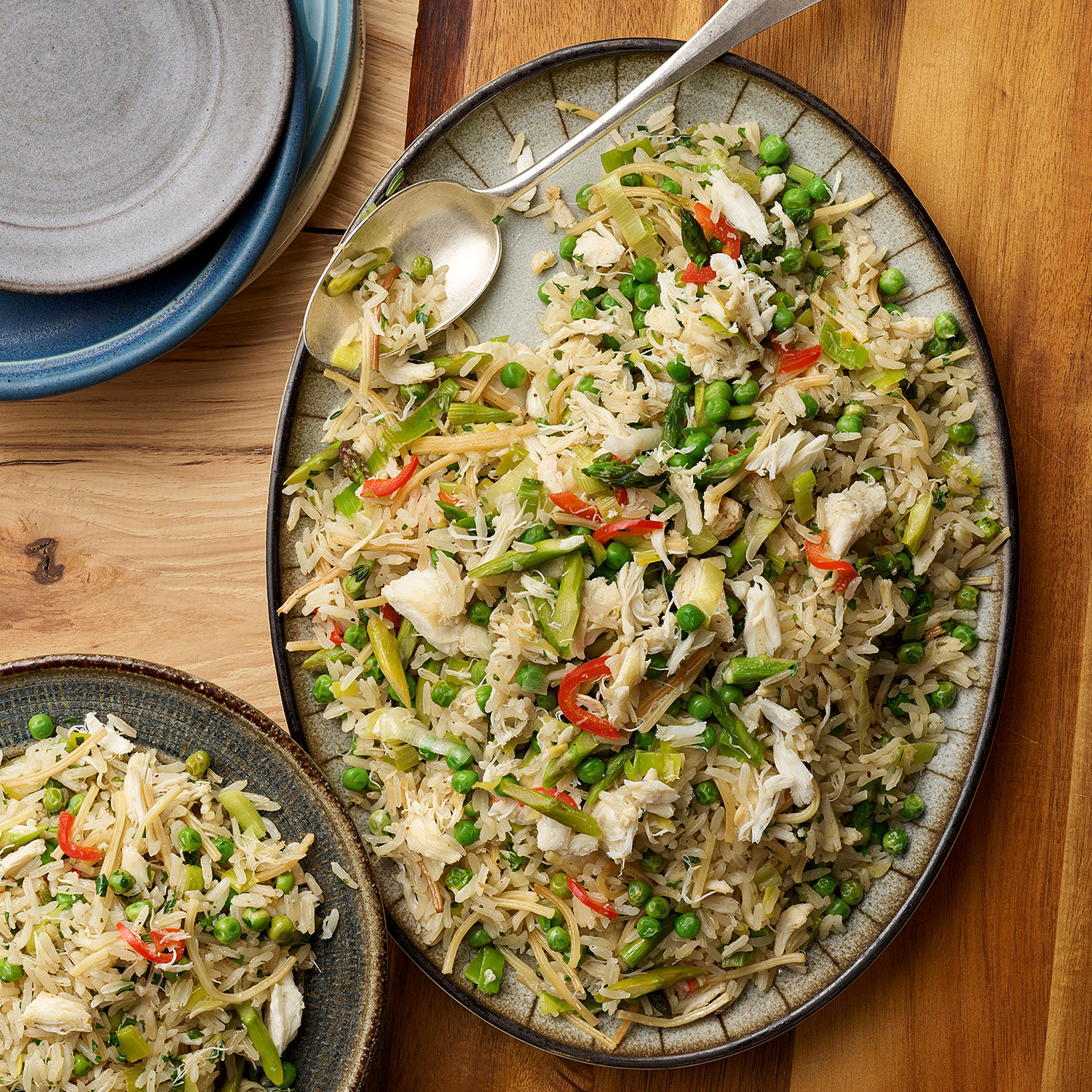 Rice Pilaf with Crab, Leeks, Asparagus and Peas