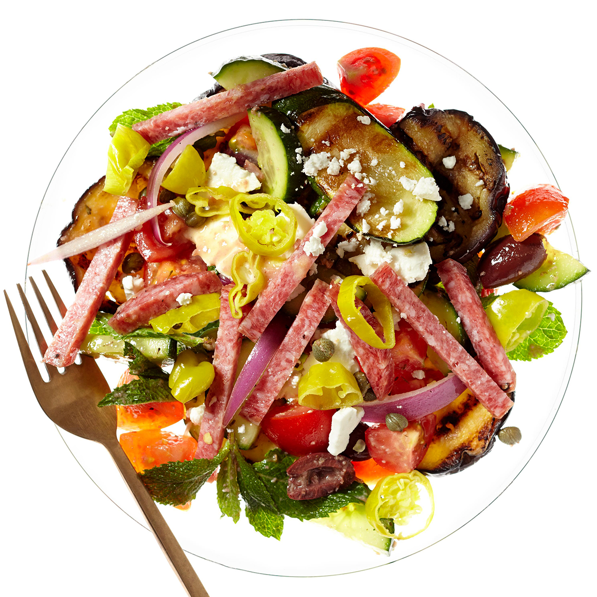 greek salad with salami vinaigrette