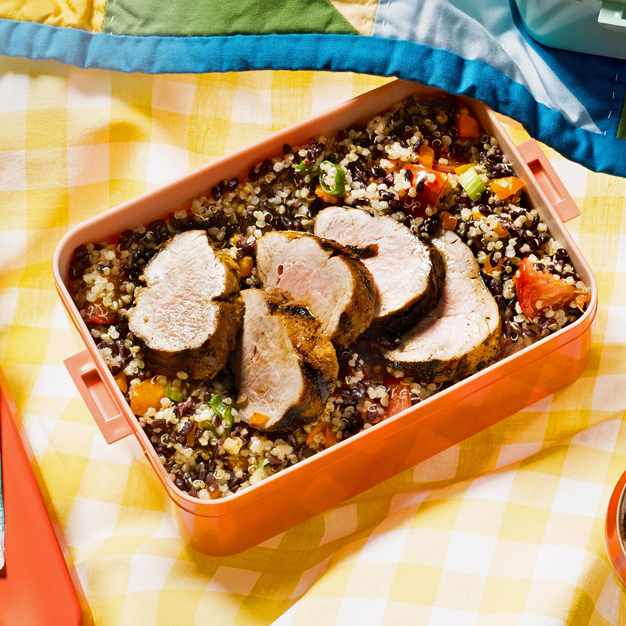 grilled pork with rice and quinoa salad