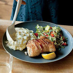 Bacon-Wrapped Halibut with Shredded Brussels Sprouts and Mashed Potatoes