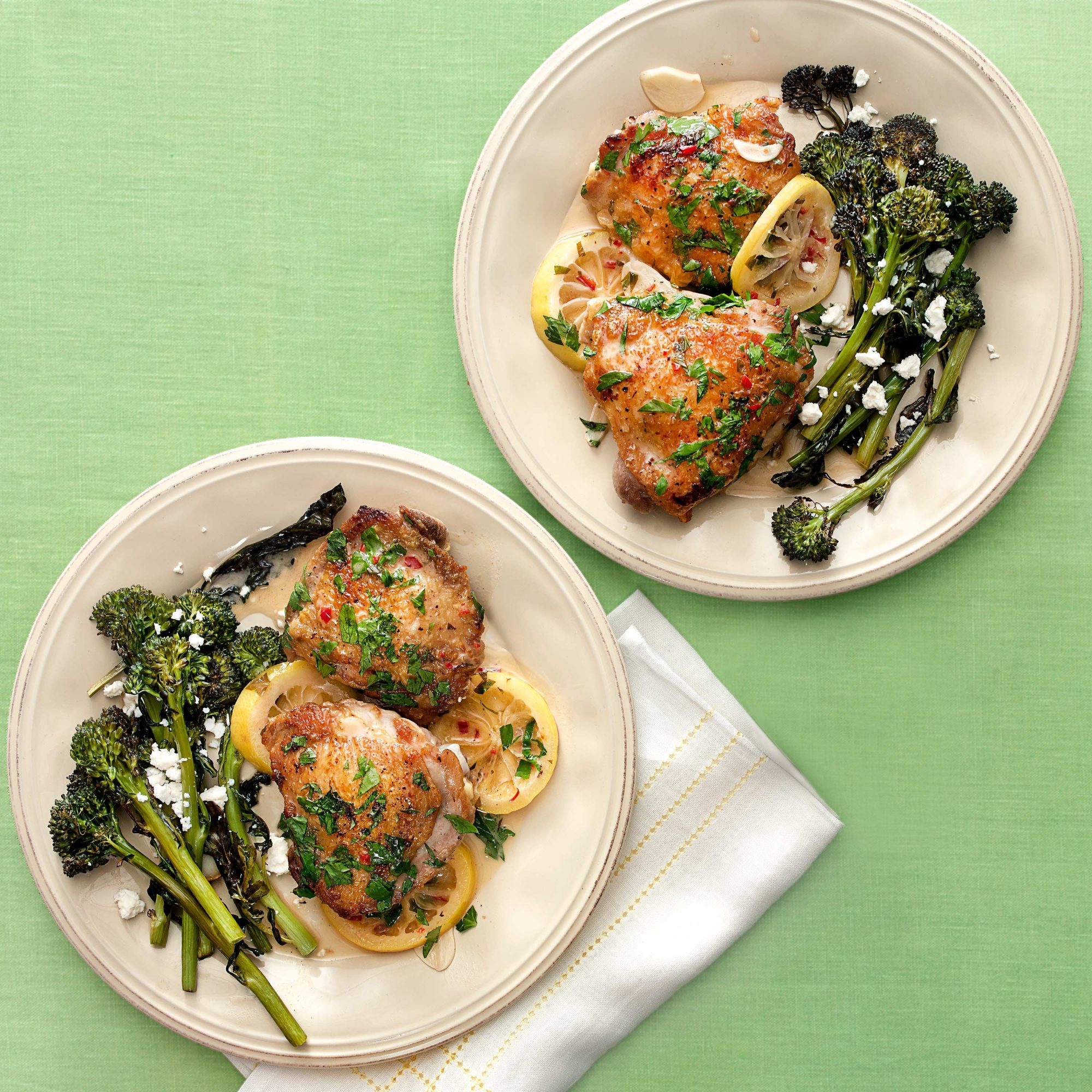 Braised Chicken Thighs & Roast Broccolini with Feta 