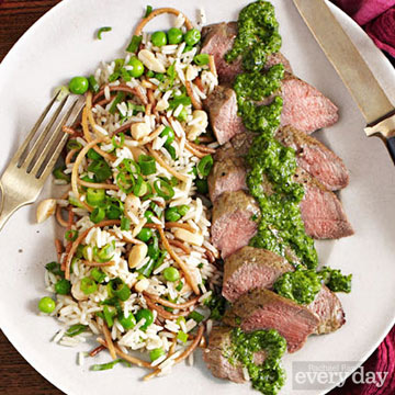 Lamb Loin with Green Chile-Mint Chimichurri & Marcona Almond Rice Pilaf
