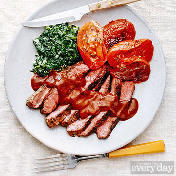 Sliced Steaks with Porcini Sauce & Boursin Creamed Spinach
