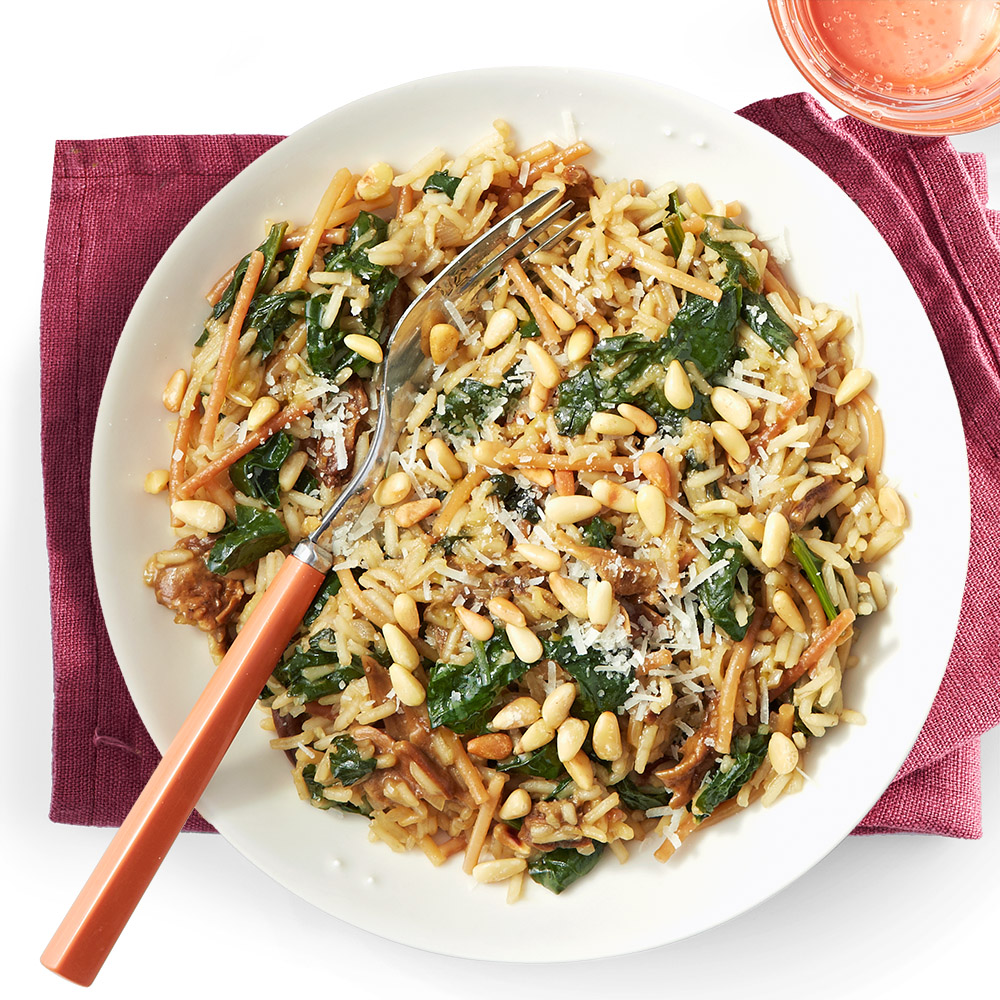 Porcini Pilaf with Spinach & Pine Nuts