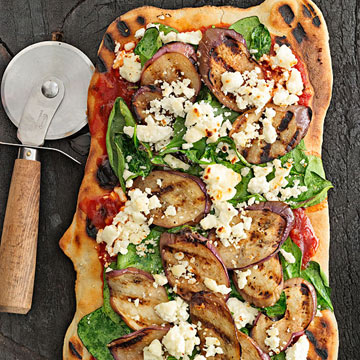 Spice-Grilled Eggplant, Feta & Spinach Pizzas