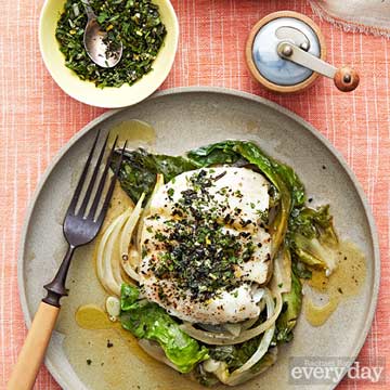 Baked Fish with Escarole, Wine & Herbs