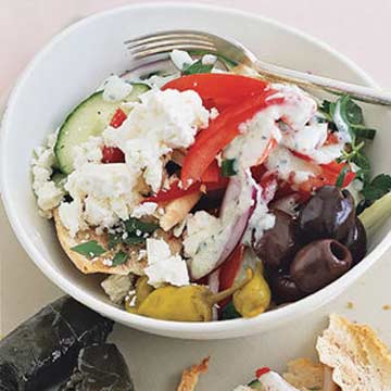 Greek Fit-for-the-Gods Salad with Spicy Cucumber Dressing and Pita Chips