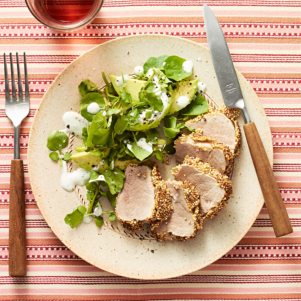 Quinoa-Crusted Pork with Watercress Salad