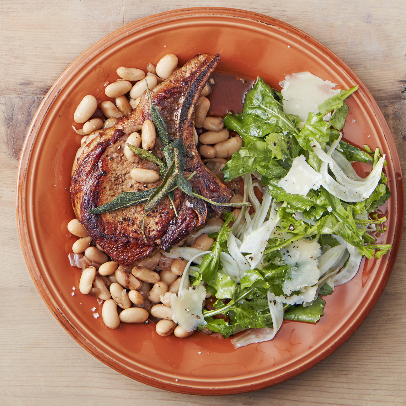 bone in pork chops with brown butter balsamic beans