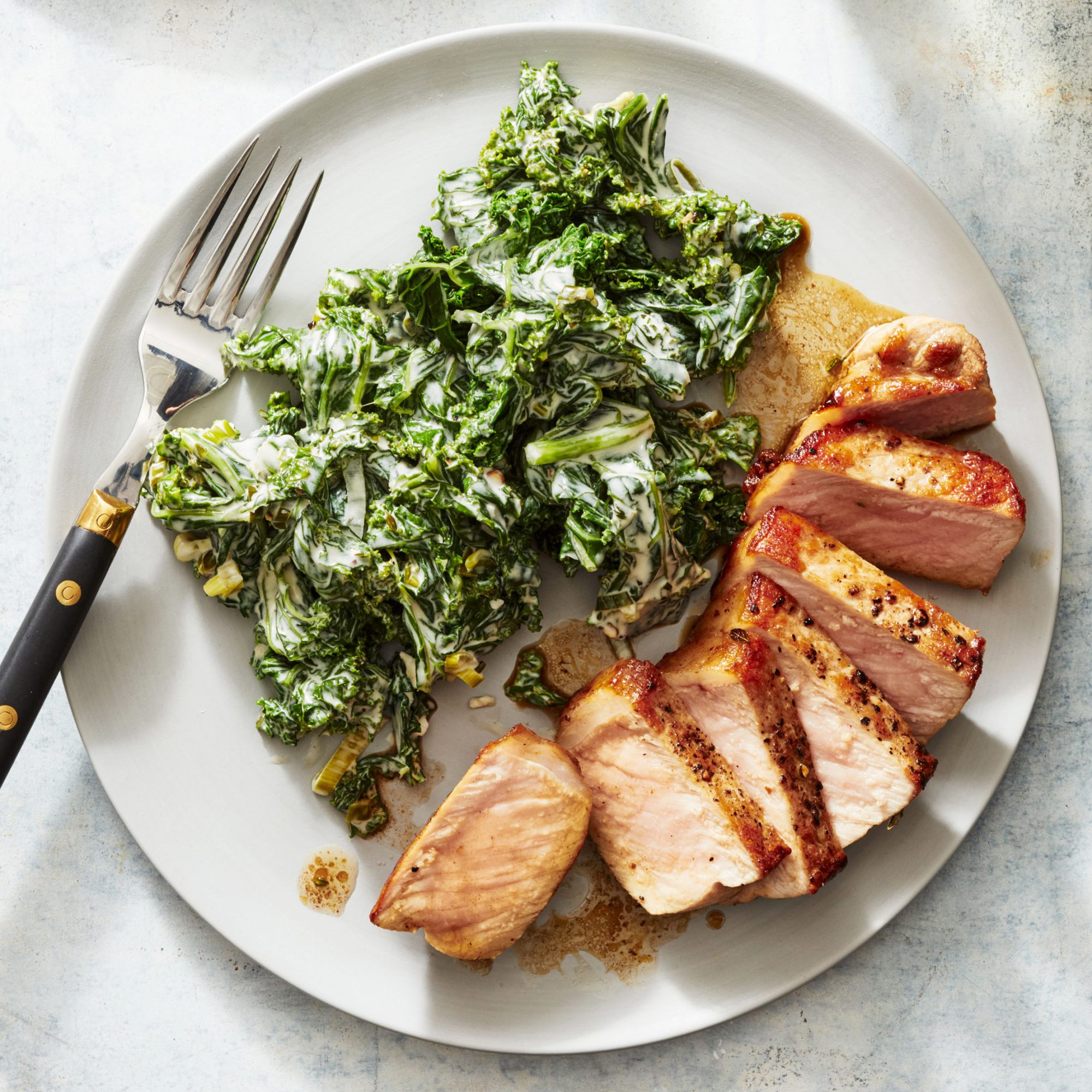 Butter-Basted Pork Chops with Tangy Creamed Kale