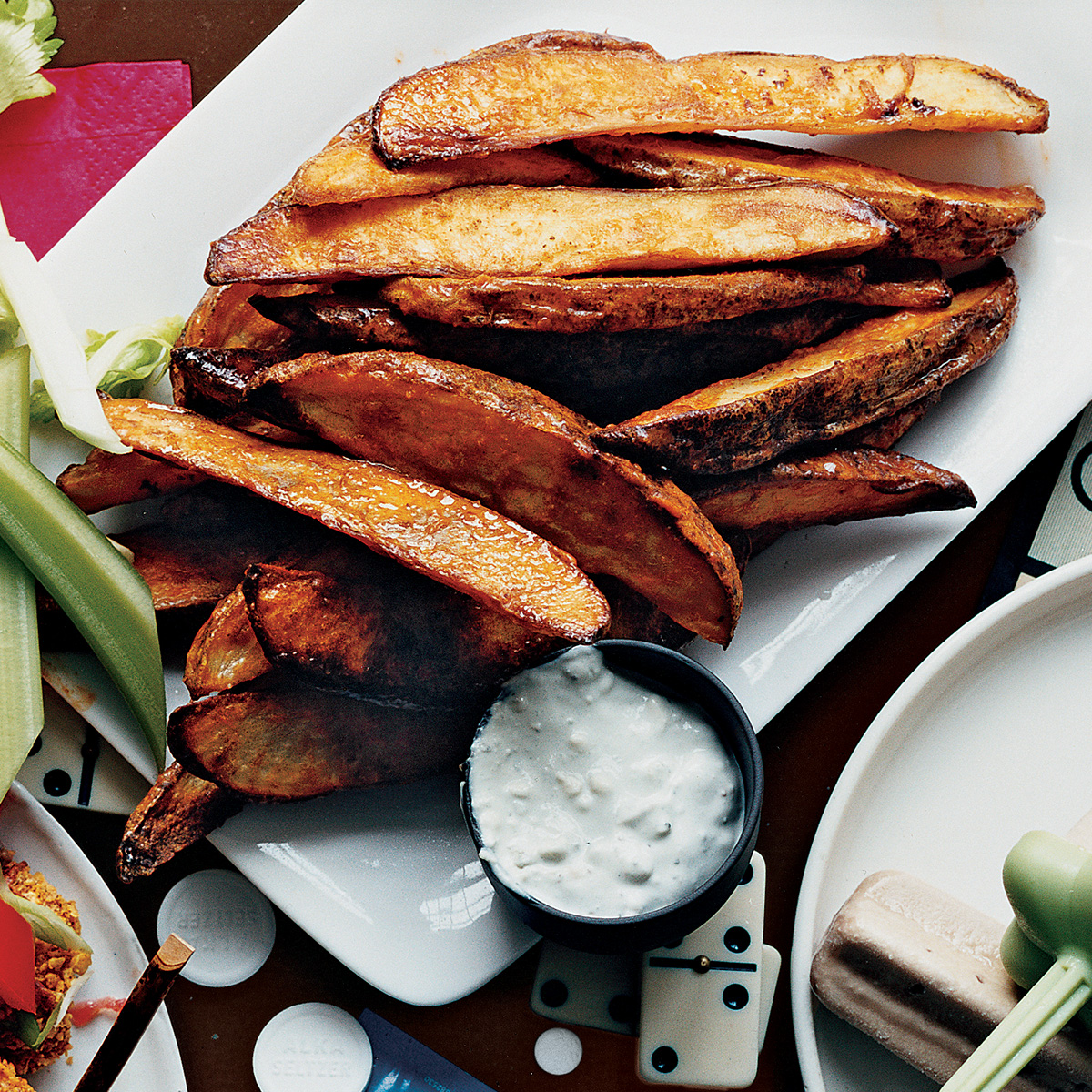 Buffalo Potato Wedges with Warm Blue Cheese Dip 