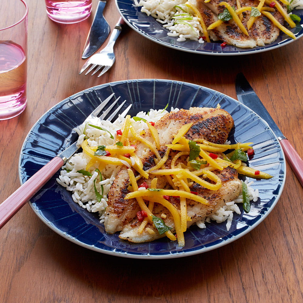 Flounder with Coconut-Ginger Rice & Mango Salsa