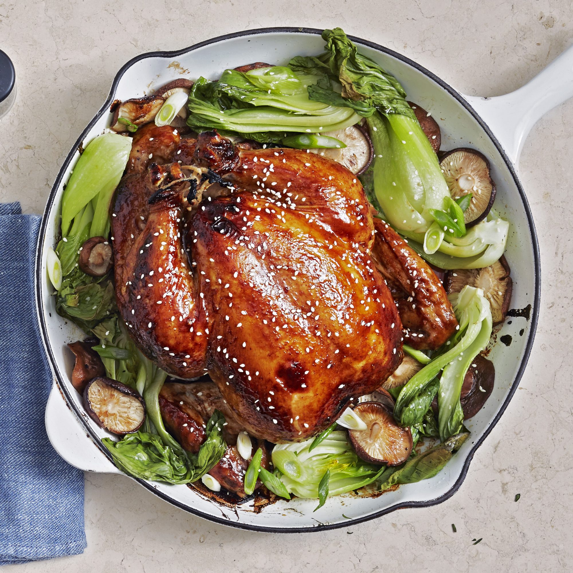 glazed sesame chicken with mushrooms and bok choy