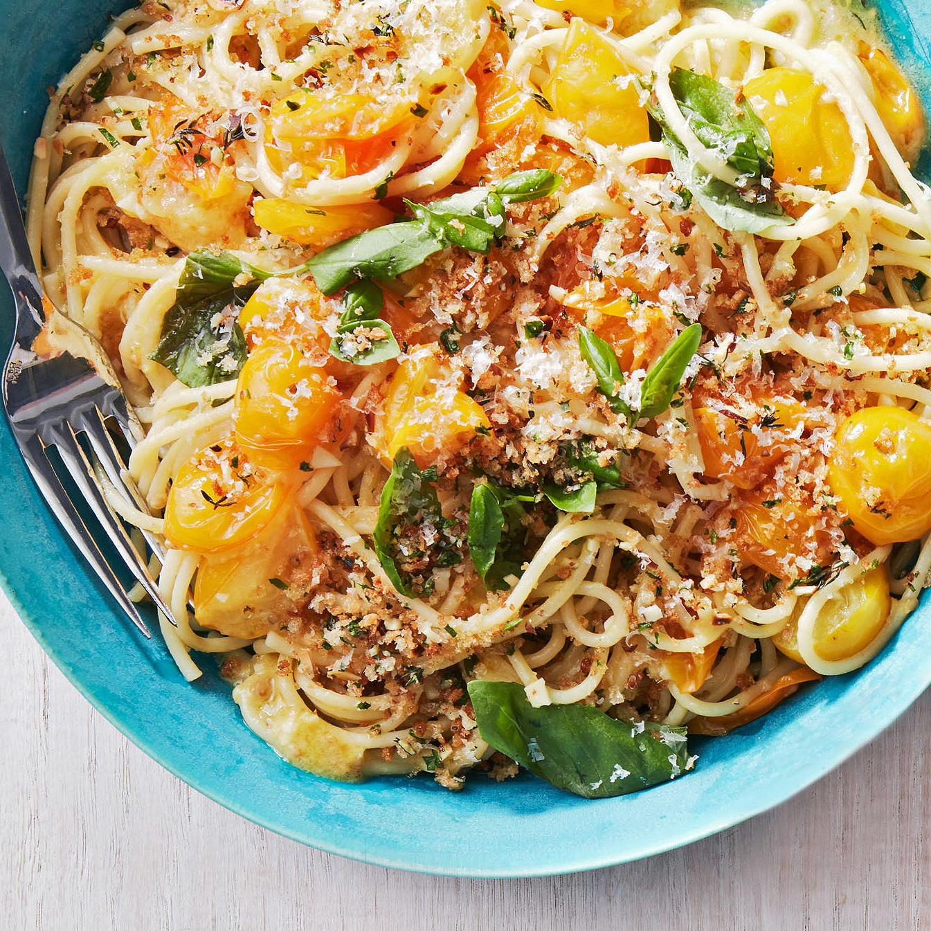 Yellow Tomato Spaghetti with Buttered Almond Breadcrumbs 
