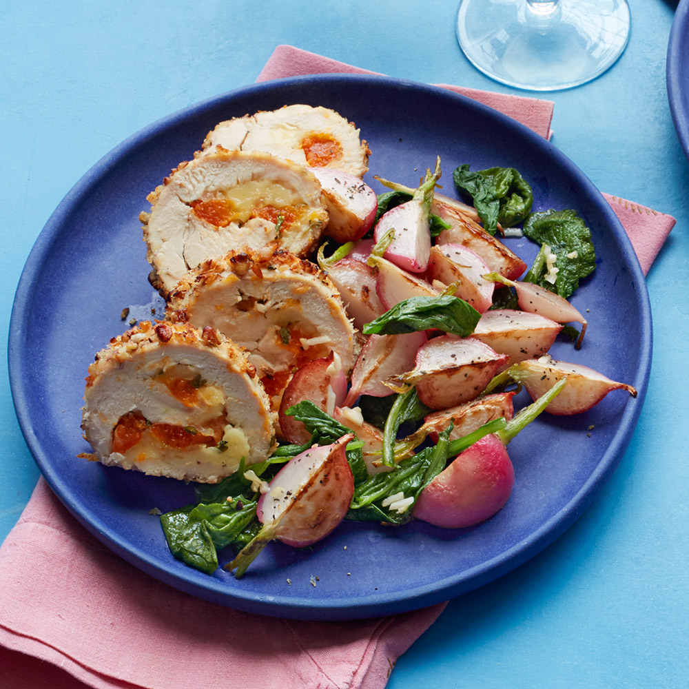 Brie & Apricot-Stuffed Chicken with Sauteed Radishes 