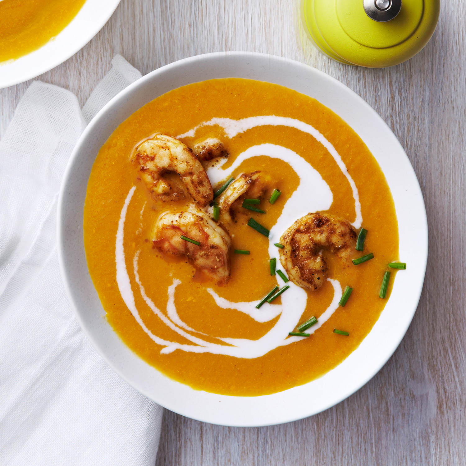 Carrot & Coconut Soup with Curried Shrimp