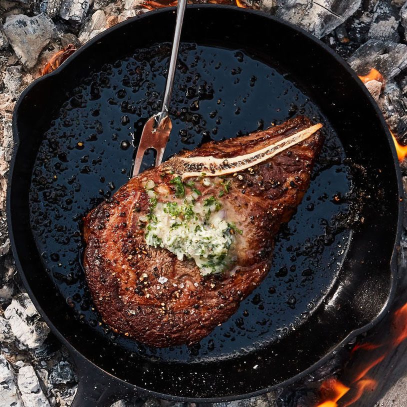 big sky rib-eye with shallot-herb butter in cast iron