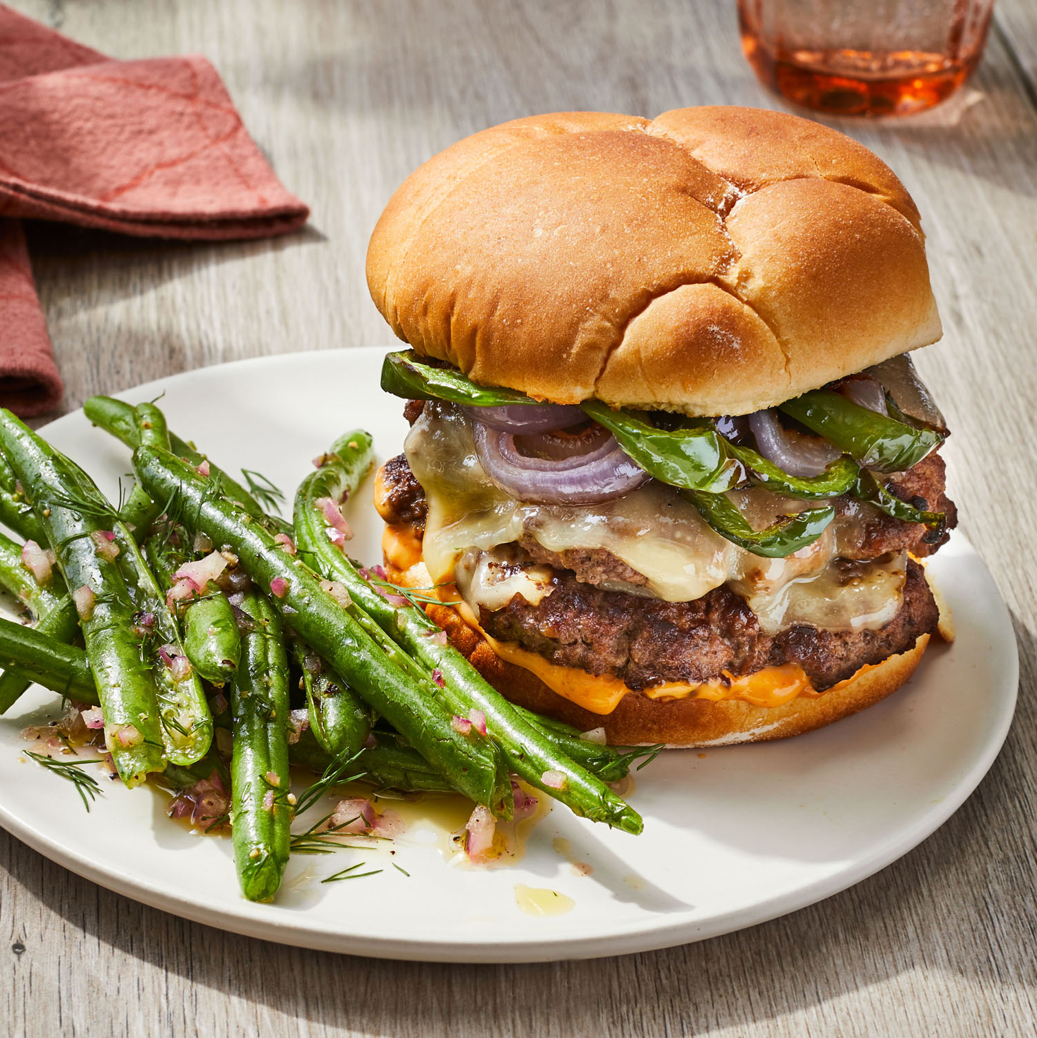 Double Cheeseburgers with Crunchy Green Beans