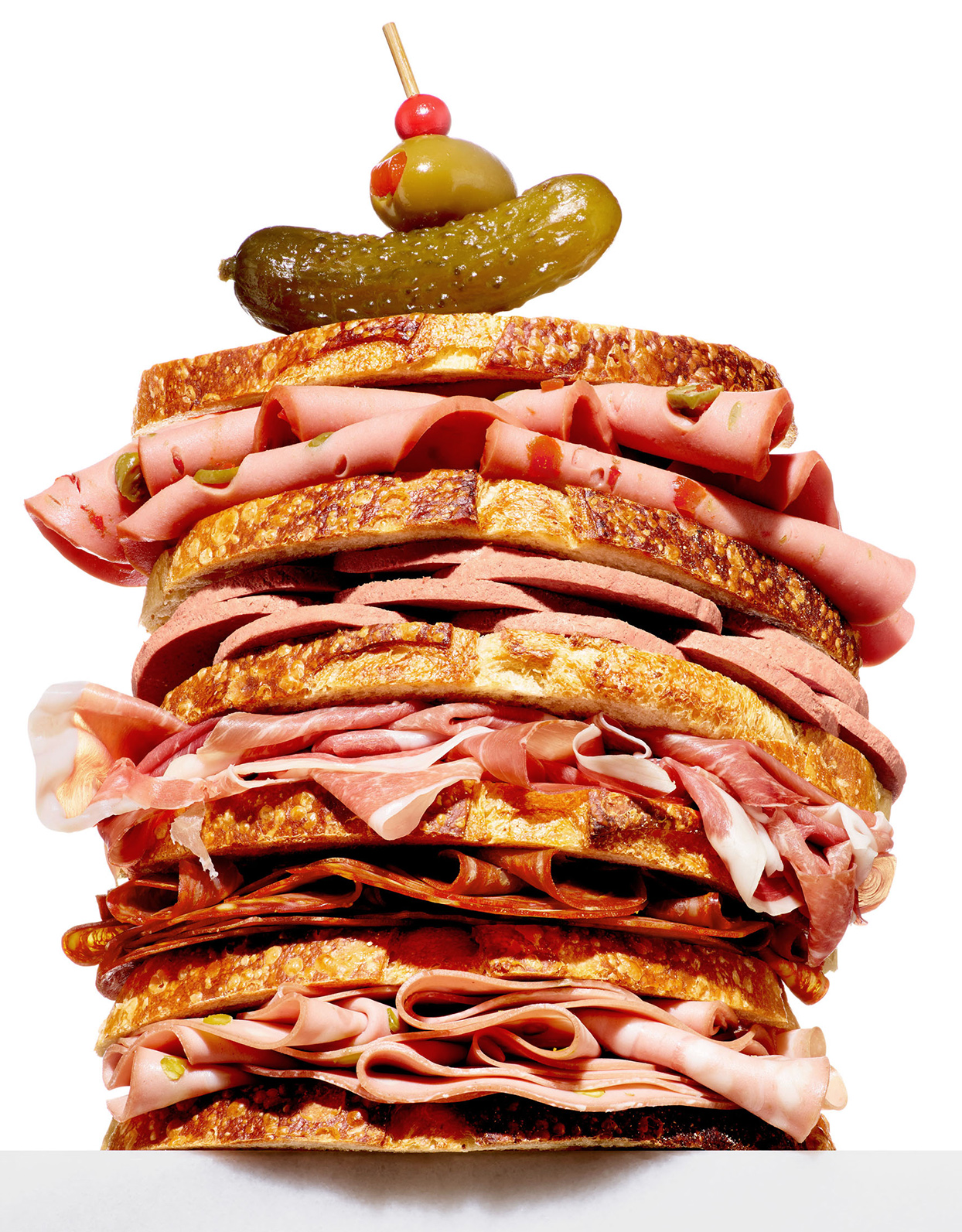 deli meat sandwich stacked high