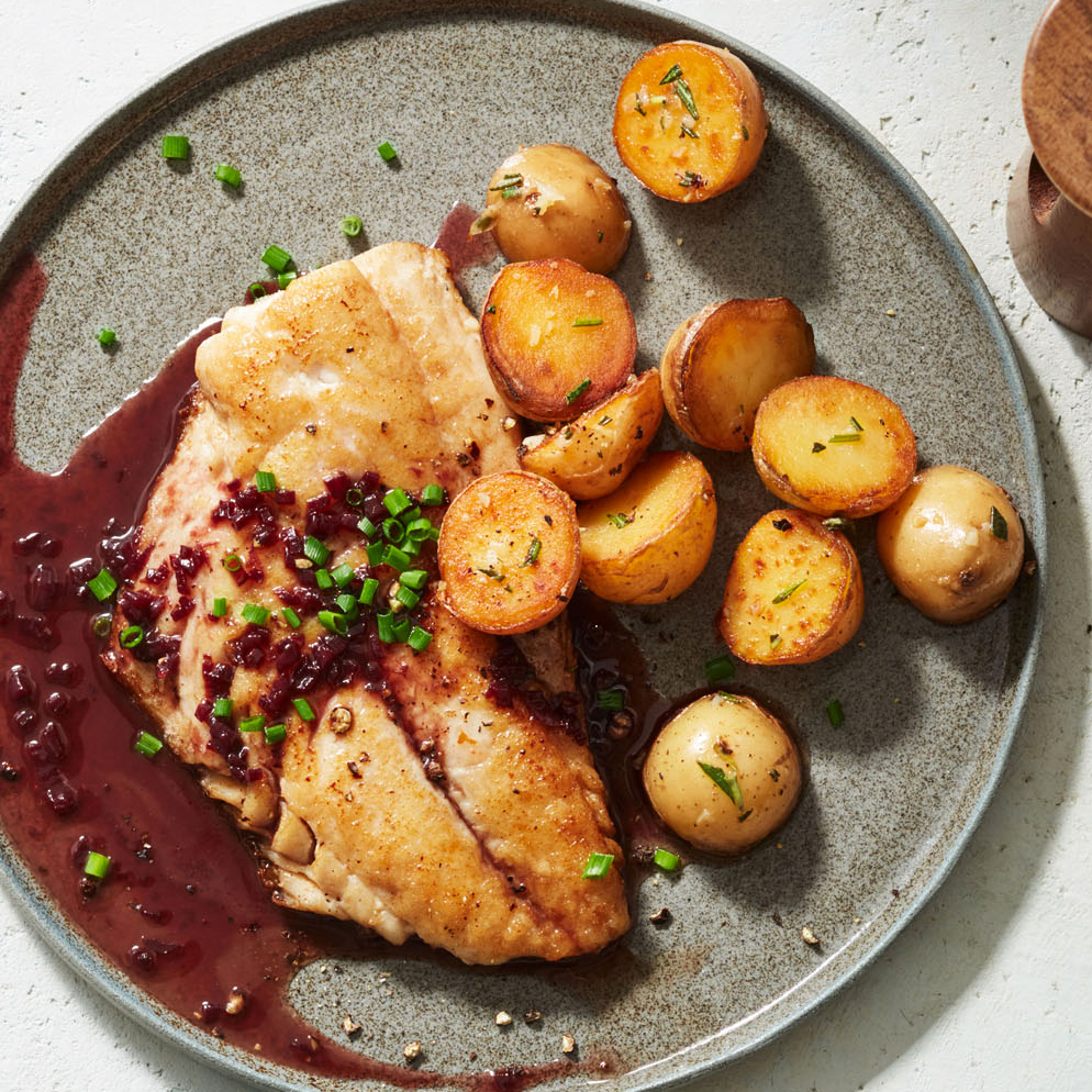 Fish with Red Wine Sauce & Rosemary Potatoes