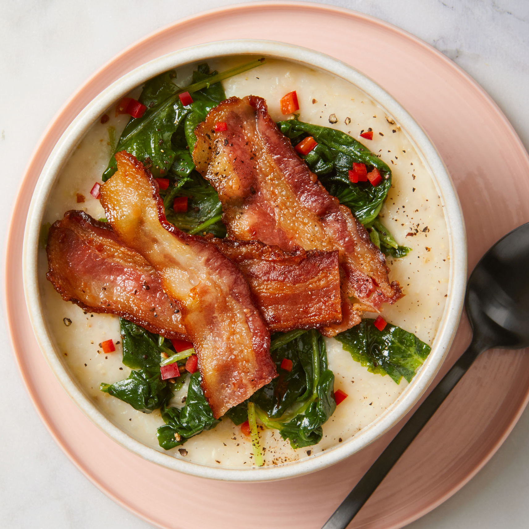 white cheddar grits with greens & bacon