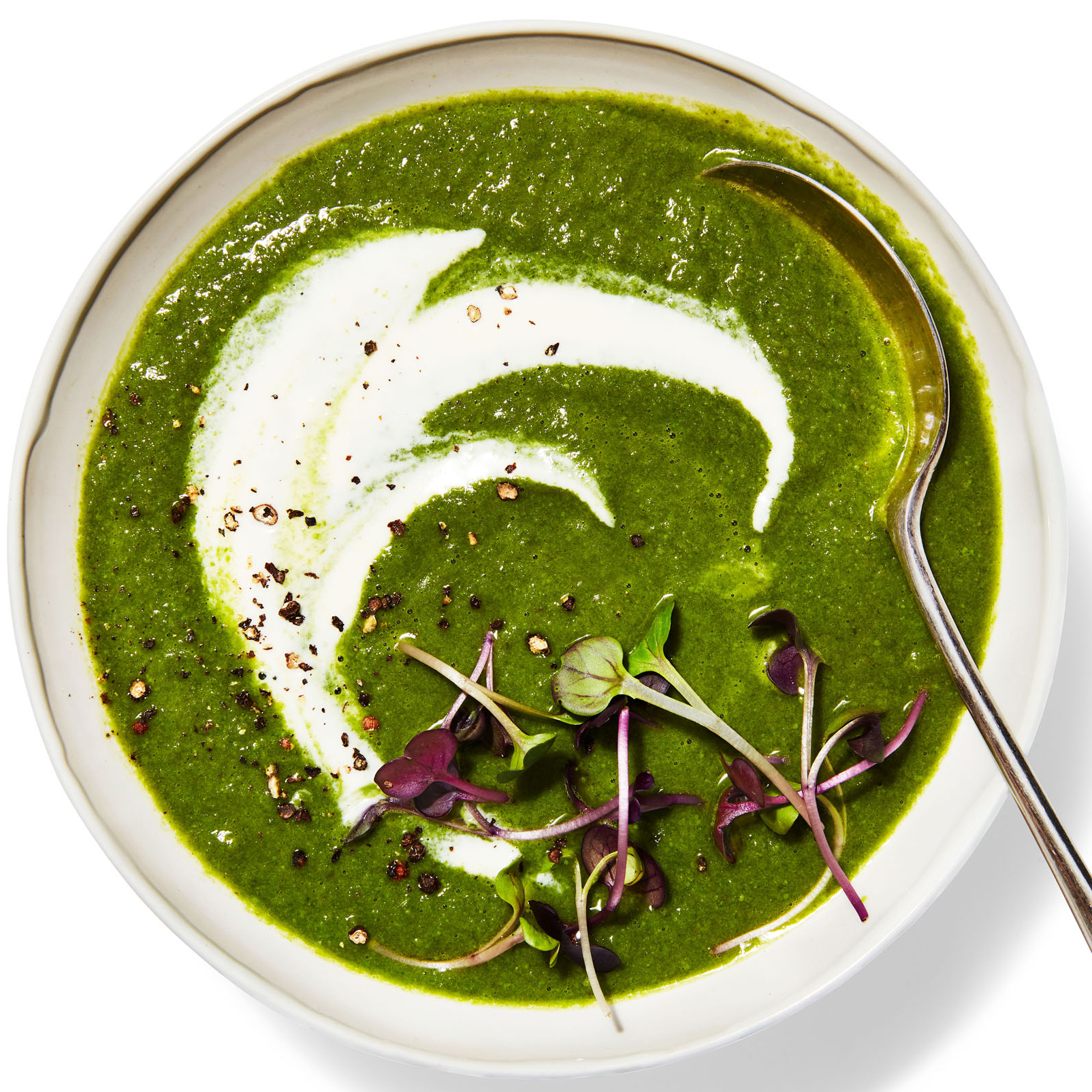 Spinach-Pea Soup in bowl with spoon
