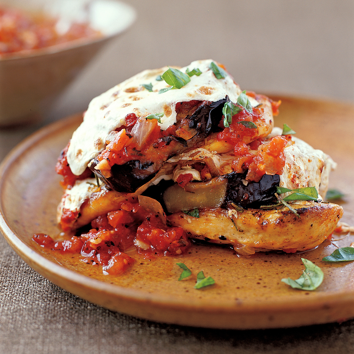 Grilled Chicken and Eggplant Stacks with Fire-Roasted Tomato Sauce 
