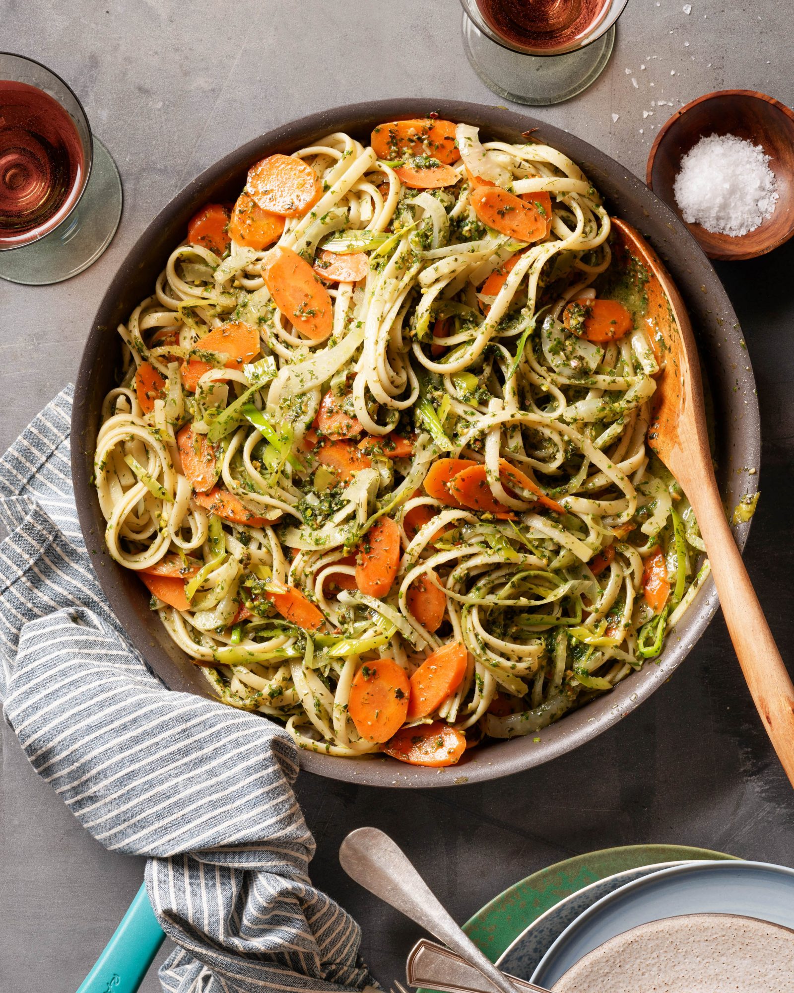 sweet spring vegetable linguine with carrot-top pesto