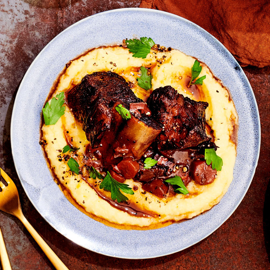 red wine-braised short ribs with porcini mushrooms