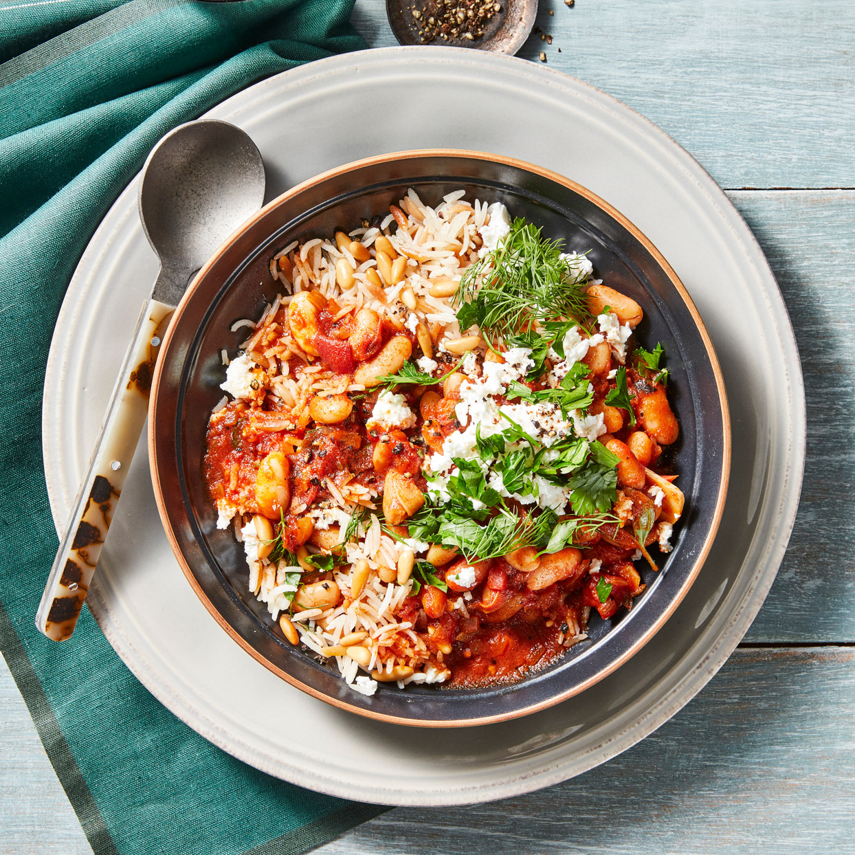 Greek-Style Beans & Tomatoes with Orzo Pilaf