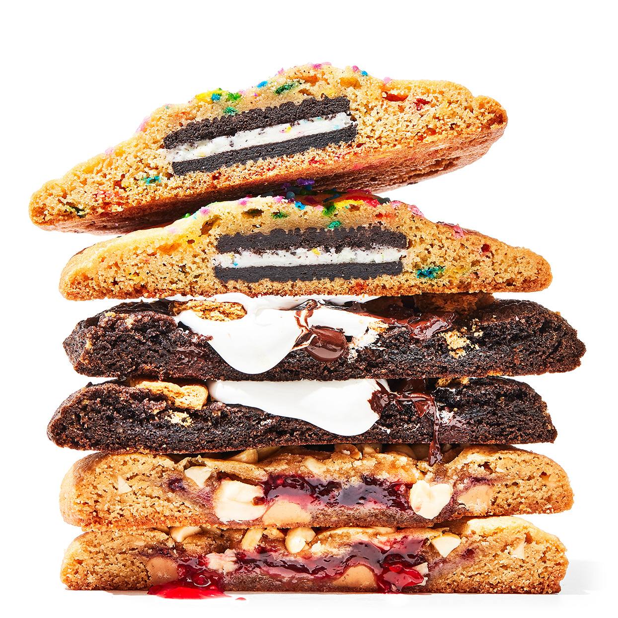 stuffed s'mores pb&j confetti cookies stacked