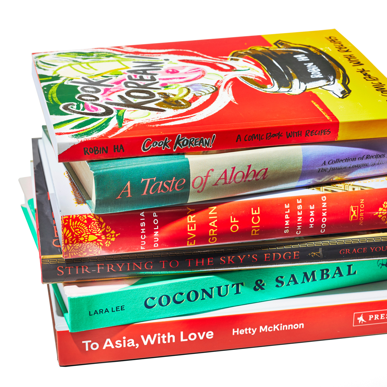 stack of Asian cuisine cookbooks