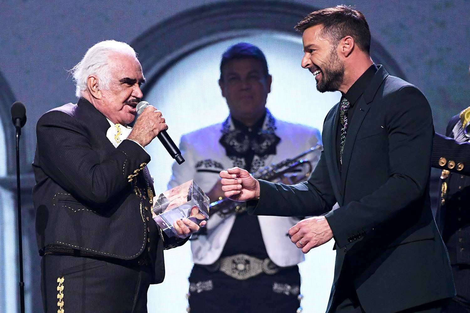 Vicente Fernández accepts his special award from Ricky Martin performs onstage during the 20th annual Latin GRAMMY Awards at MGM Grand Garden Arena on November 14, 2019 in Las Vegas, Nevada.