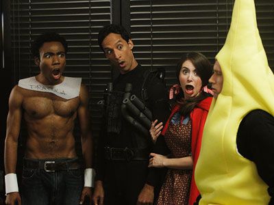 Community | Donald Glover, Danny Pudi, and Alison Brie, Community (10/28) Wonder if it's the zombies roaming the school that's got Troy, Abed, and Annie so spooked.