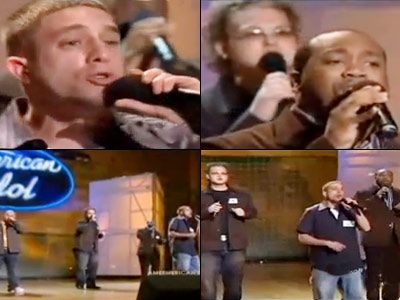 Terrell Brittenum, Anthony Hansen, Elliott Yamin, and Jose ''Sway'' Penala fall apart during ''The Shoop Shoop Song (It's in His Kiss)'' by Cher