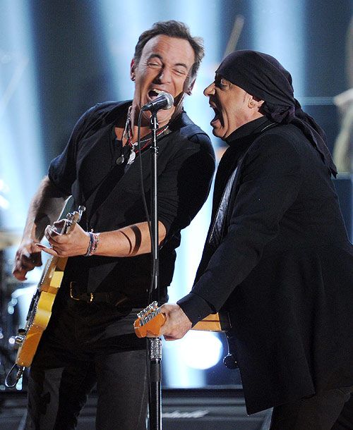 Steven Van Zandt, Bruce Springsteen | Dressed in all-black everything, the Boss kicked off the night with a rousing run through his new single ''We Take Care of Our Own''&mdash; a