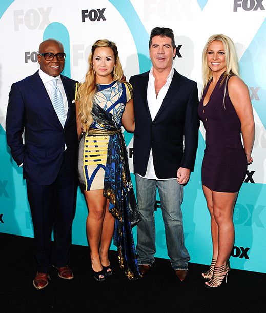 The X Factor's L.A. Reid, Demi Lovato (in a Falguni &amp; Shane Peacock dress and Topshop heels), Simon Cowell, and Britney Spears (in an Alexander Wang dress and Giuseppe Zanotti sandals)