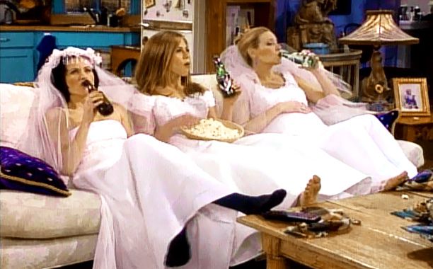 Monica, Rachel, and Phoebe dress up in wedding gowns to nurse their single lady wounds. Unfortunately, when Rachel's on-the-fence boyfriend Joshua sees her all dressed