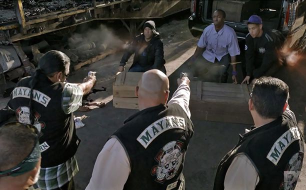 Sons of Anarchy | ''A Mother's Work'' (season 6, episode 13) RIP: Various Niners Death by: Bullets Reason: After Alvarez expressed his concerns to Jax about the potential shift