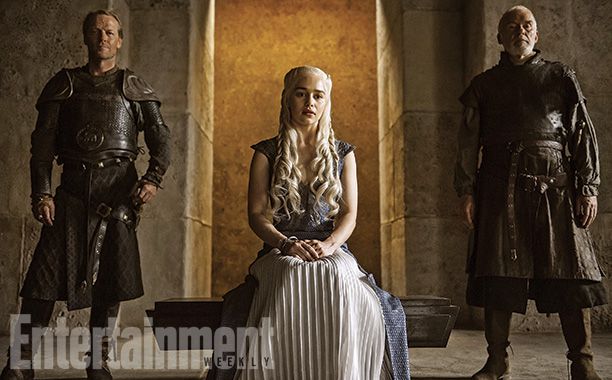 Jorah Mormont (Iain Glen), Daenerys Targaryen (Emilia Clarke), and Barristan Selmy (Ian McElhinney)