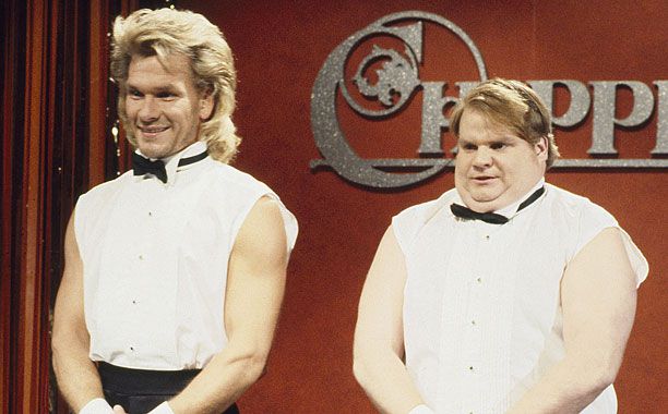 Originally aired on: Oct. 27, 1990 (season 16) Patrick Swayze's rock-hard abs and pelvic thrusts are totally on point, while Chris Farley exhibits surprising grace