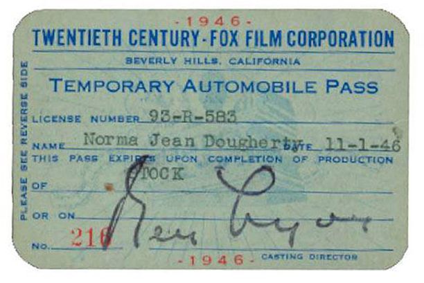 A Temporary Twentieth Century Fox Studios Parking Pass for Norma Jean Dougherty (Marilyn Monroe) From 1946