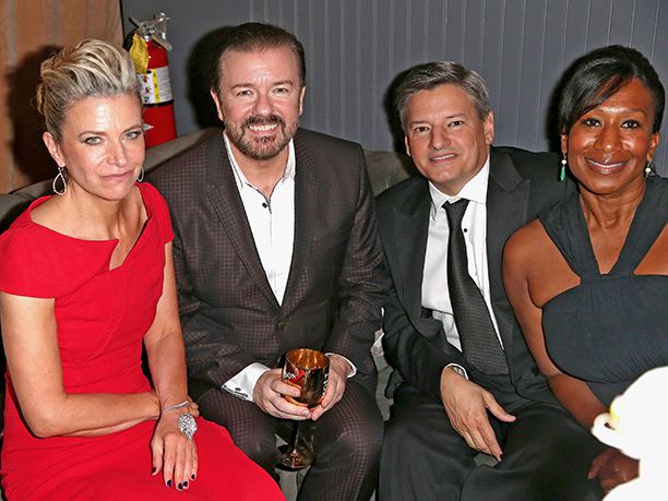 Jane Fallon, Ricky Gervais, Ted Sarandos, and Nicole Avant