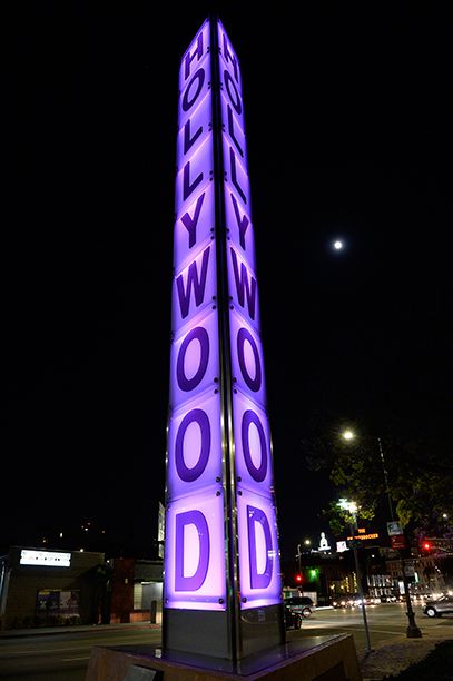 A Hollywood Sign Lit in Purple in Los Angeles, California