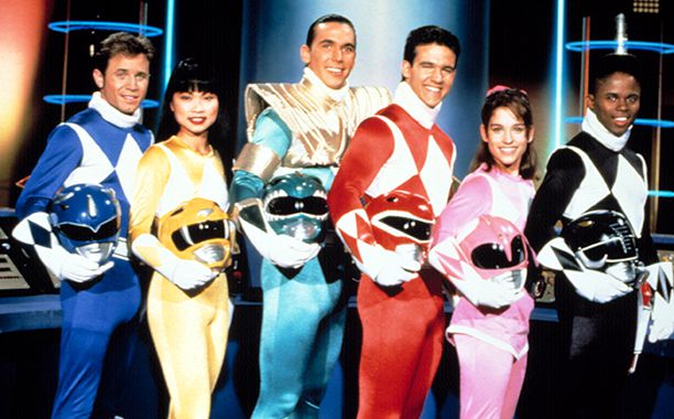 David Yost, Thuy Trang, Jason David Frank, Austin St. John, Amy Jo Johnson, and Walter Emanuel Jones as the original Power Rangers.