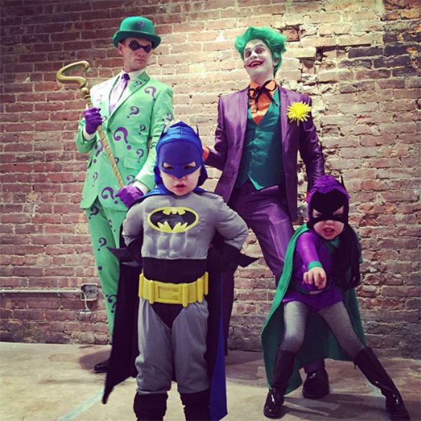 Neil Patrick Harris as The Riddler, Gideon as Batman, David Burtka as The Joker, and Harper as Batgirl